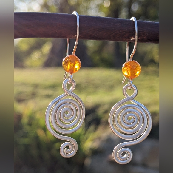 Sterling Silver Baltic Amber Earrings Tribal Spiral Metallic Statement - Picture 15 of 16